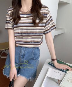 ｔシャツ・カットソー | Tシャツ レディース 40代 春夏 オシャレブラウス 韓国風 チュニック 半袖Tシャツ ストライプ柄 通勤通学 カジュアル アウター ゆったり 着痩せ お出かけ 丸首