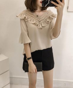 シャツ・ブラウス | 夏ブラウス 五分袖 フレアスリーブ ベージュ 可愛い 30代40代 レディースシャツ 夏服