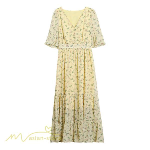 ミディアム | ワンピース Aライン レディース 着痩せ 上品 カジュアル Vネック カジュアル 春 夏 花柄 きれいめサマー ワンピース 通勤 通学 ソフト 膝丈 大人 お出かけ