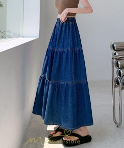 スカート | ティアードデニムフレアロングウエストゴム レディース 秋物 通学通勤 40代50代 20代30代ハイウエスト 大人