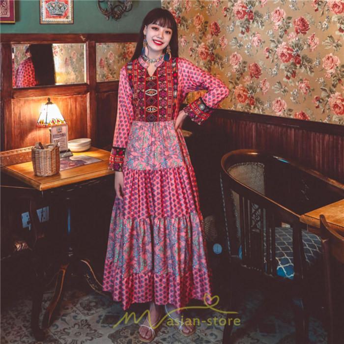 マキシ | ワンピース ロング 着やせ効果抜群 夏秋 長袖 他と被らない 刺繍 上品 きれいめ ロングワンピース マキシワンピ 舞台 演出 パーティー ダンス