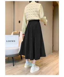 スカート | コーデュロイ台形秋冬 Aライン バッグゴム サイドポケット リブ 広い裾幅 通学通勤 オフィス ミモレ丈 可愛い ロング丈 低身長