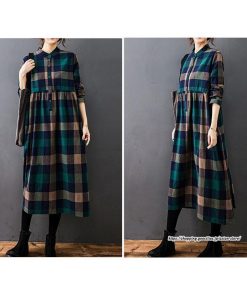 マキシ | チェック柄ワンピースリネン風 シャツワンピース 30代レディース秋物長袖 綿麻風 ゆったり ゆるシルエット 大人 チェック柄 可愛い 通学通勤 ロングシャツ