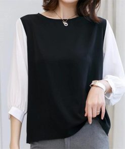 送料無料SALE | ブラウス レディース 切り替え フェイク ストライプ パフスリーブ 無地 黒 白 トップス シャツ 丸ネック 七分袖 夏服 大人 サマー 30代40代 50代 可愛い OL