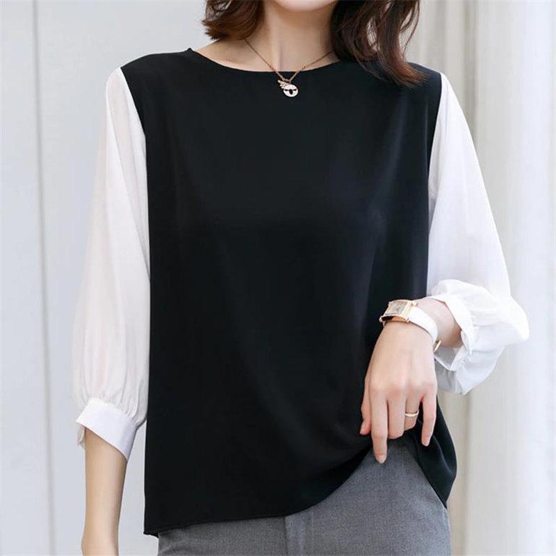 送料無料SALE | ブラウス レディース 切り替え フェイク ストライプ パフスリーブ 無地 黒 白 トップス シャツ 丸ネック 七分袖 夏服 大人 サマー 30代40代 50代 可愛い OL