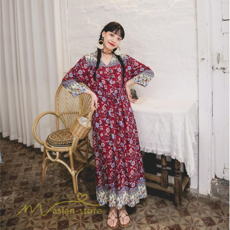 マキシ | ワンピース レディース 総柄 きれいめ ロングワンピース 可愛い カジュアル 春 夏 秋 40代 7分袖 上品 きれいめ 民族風 旅行着 おしゃれ プルオーバー