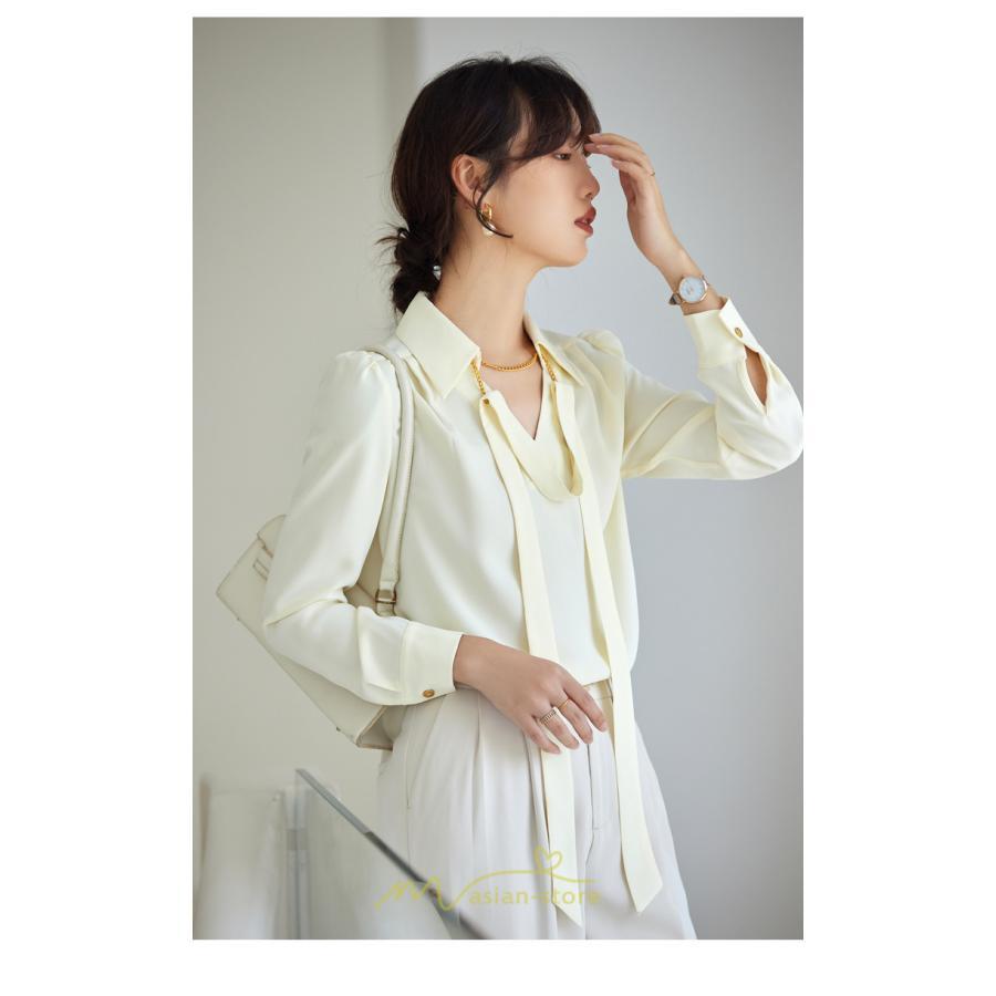 シャツ・ブラウス | ブラウス レディース シャツ トップス Vネック 長袖シャツ 無地 オフィス カジュアル おしゃれ シフォン 着痩せ OL リボン 通勤 20代30代40代50代