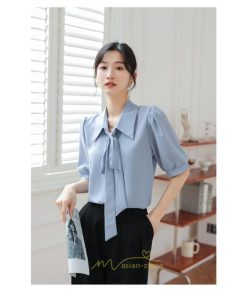シャツ・ブラウス | シフォンブラウス 半袖 レディース シフォン ブラウス 白 青 フォーマル 開襟 服 バブルスリーブ 蝶結び 着痩せ 春 韓国風 通勤 おしゃれ 女性 上品 夏