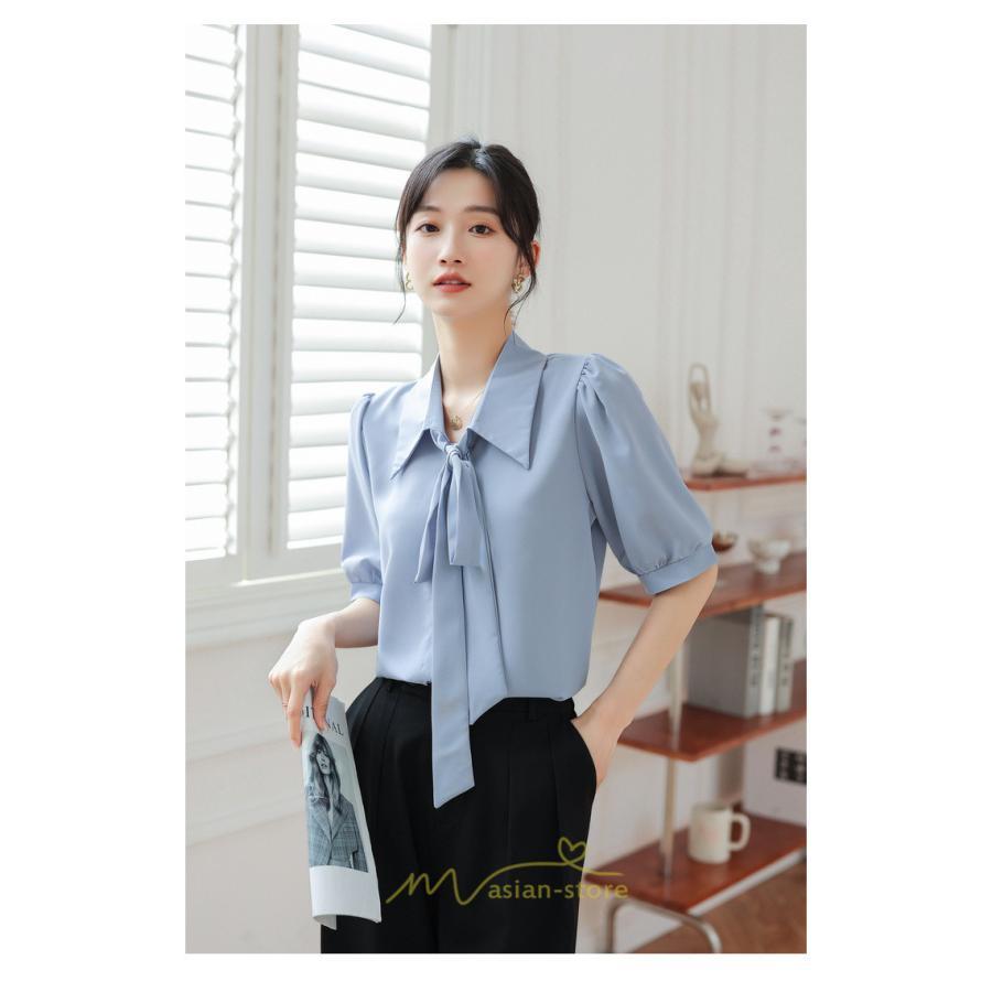 シャツ・ブラウス | シフォンブラウス 半袖 レディース シフォン ブラウス 白 青 フォーマル 開襟 服 バブルスリーブ 蝶結び 着痩せ 春 韓国風 通勤 おしゃれ 女性 上品 夏