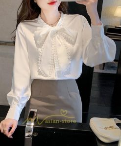 シャツ・ブラウス | ボウタイ リボン ブラウス シャツ リボンシャツ レディース 長袖 白 トップス 無地 大人 女性 ビジネス 入学式 卒業式 ママ 着回し 通勤 通学 カジュアル