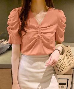 シャツ・ブラウス | シャツ ブラウス レディース バルーンスリーブ 半袖ブラウス Vネック トップス ファッション 無地 シャーリング サマー 通学 通勤 着痩せ 着回し 2020夏新作