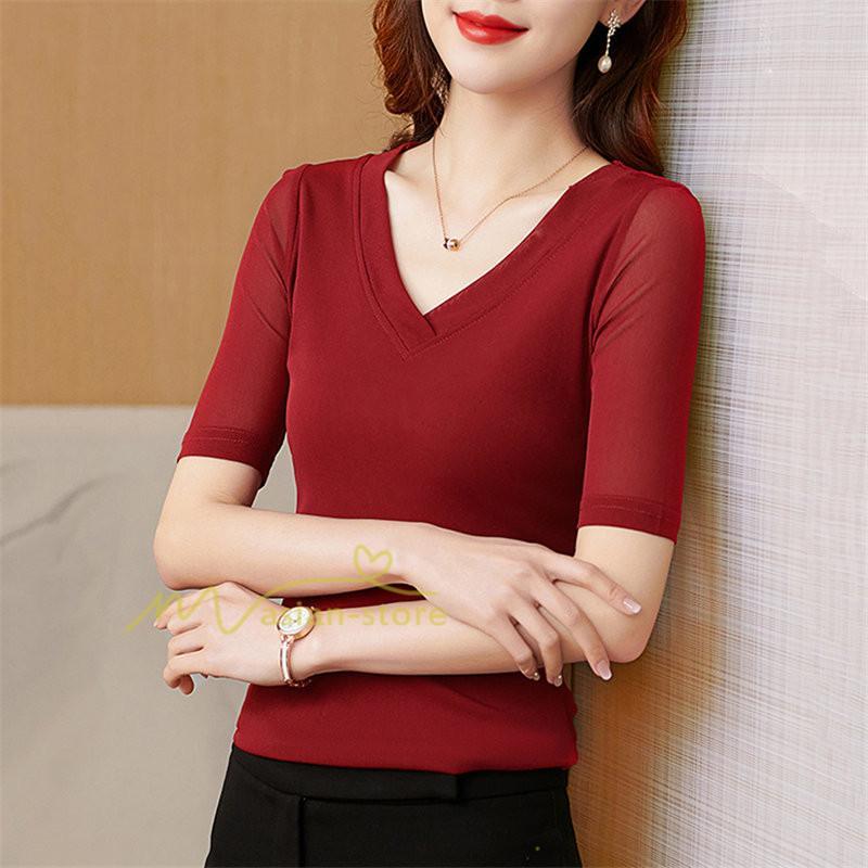 tシャツ・カットソー | Tシャツ レディース カジュアル Vネック おしゃれ 女性用 シンプル 無地 20代30代40代50代 カシュクール インナー フェミニン 上品 お出かけ 着痩せ カジュアル