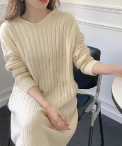 ニットワンピース | ワンピース 秋冬 太めリブニット ロングワンピース ミモレ丈 無地 フード付き 帽子 ストレッチ 大人 セーター 50代 長袖 20代30代 アウター