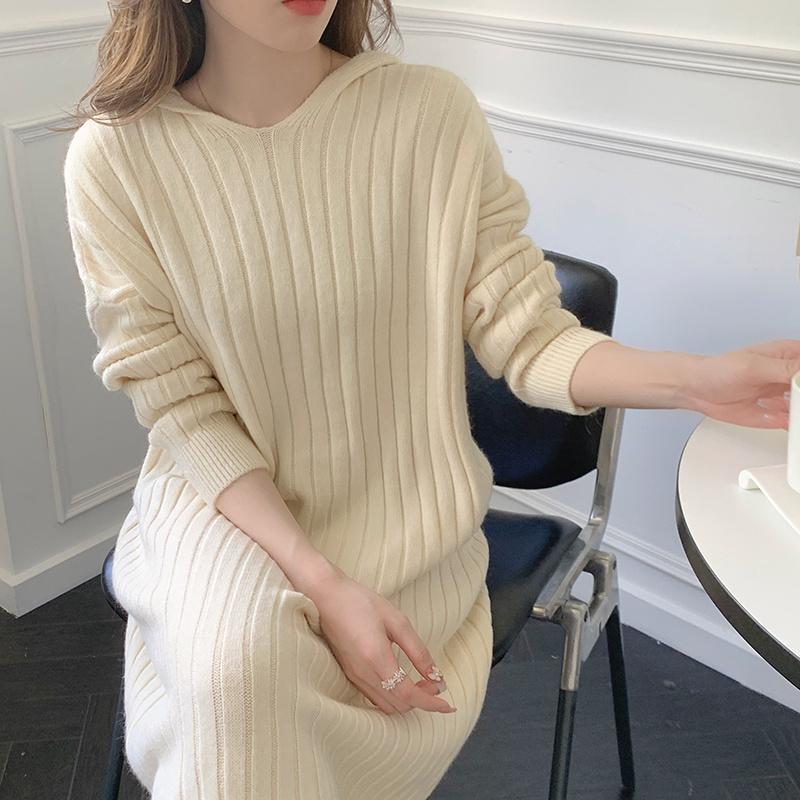 ニットワンピース | ワンピース 秋冬 太めリブニット ロングワンピース ミモレ丈 無地 フード付き 帽子 ストレッチ 大人 セーター 50代 長袖 20代30代 アウター