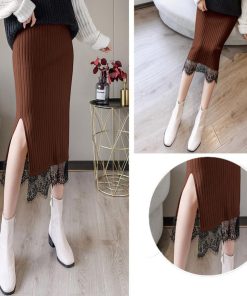 タイトスカート | ストレッチ ミモレ丈 リブ編み リブニットスカート 暖か スリット 裾レース ボトムス ウエストゴム スカート ロングスカート