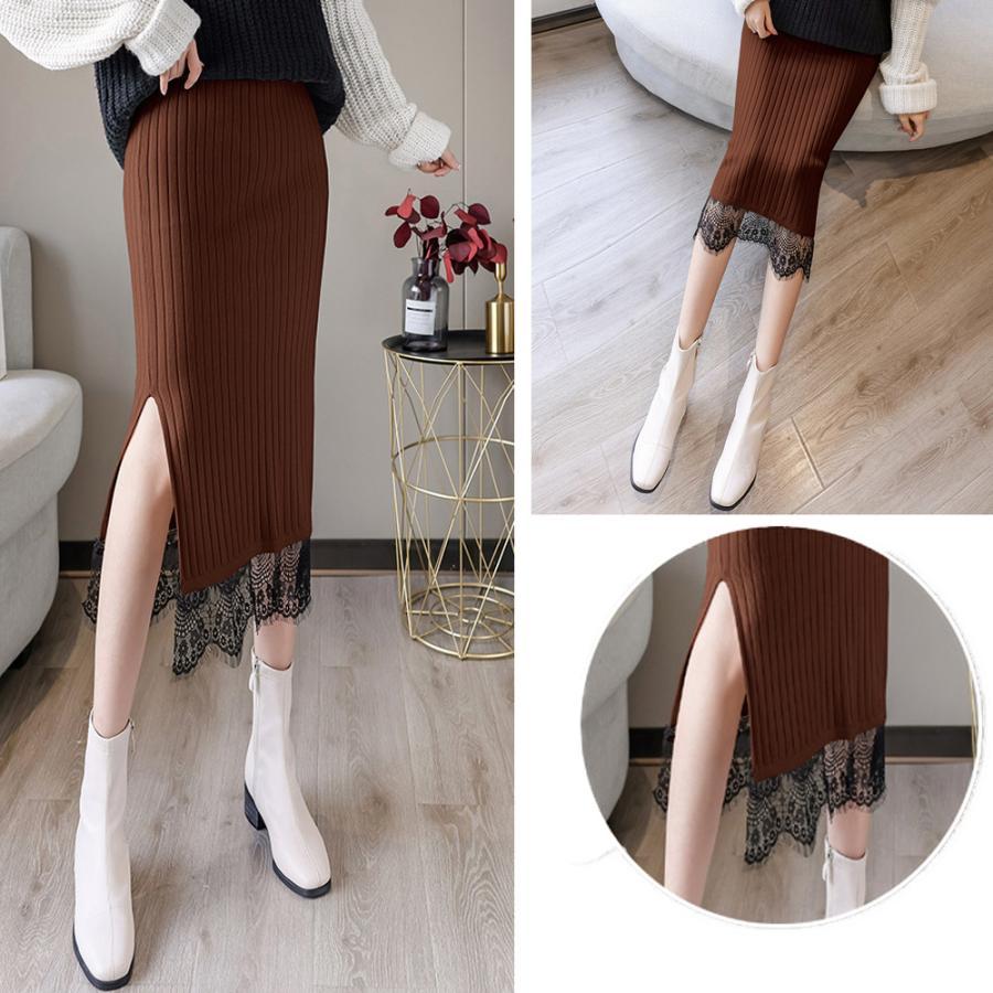 タイトスカート | ストレッチ ミモレ丈 リブ編み リブニットスカート 暖か スリット 裾レース ボトムス ウエストゴム スカート ロングスカート