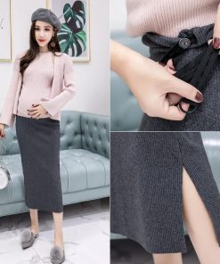 マタニティ | マタニティスカート ニットスカート リブニット ストレッチスカート 産前産後 調整可 妊婦妊娠 秋服 秋冬スカート 伸縮性 ロングスカート 腹包み ミモレ丈 無地