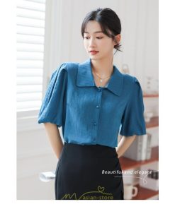 シャツ・ブラウス | ブラウス レディース オフィス シャツ 青 フォーマル 半袖 おしゃれ カジュアル フェミニン 開襟 着痩せ フランス風 お仕事 クラシック ビジネス 通勤 OL