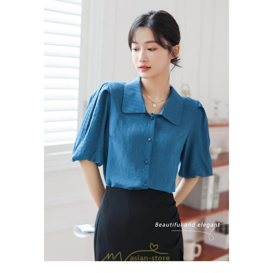 シャツ・ブラウス | ブラウス レディース オフィス シャツ 青 フォーマル 半袖 おしゃれ カジュアル フェミニン 開襟 着痩せ フランス風 お仕事 クラシック ビジネス 通勤 OL