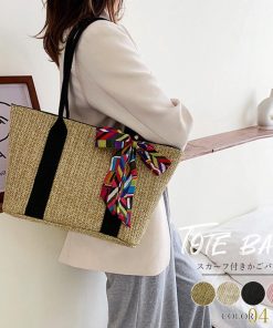 ハンドバッグ | 草編みバッグ リボン スカーフ付き かごバッグ 手提げバッグ レディース ストローバッグ 大容量 トートバッグ ハンドバッグ