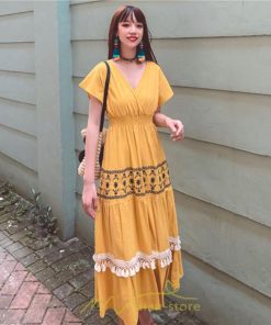 マキシ | ワンピース エスニック 綿麻 エスニックファッション 春ワンピ 夏ワンピ コットン リネン かわいい おしゃれ ハイウエスト バカンス 刺繍 Vネック リゾート 旅行