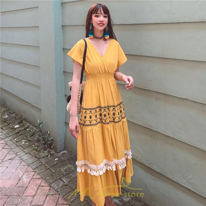 マキシ | ワンピース エスニック 綿麻 エスニックファッション 春ワンピ 夏ワンピ コットン リネン かわいい おしゃれ ハイウエスト バカンス 刺繍 Vネック リゾート 旅行