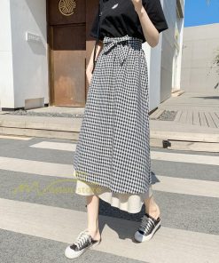 スカート | フレアロングレデイース リネンウエストゴム 綿麻混 マキシマキシ リゾート チェック柄 体型カバー