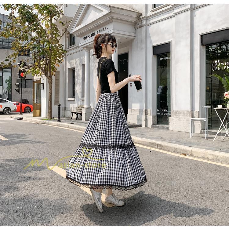 スカート | 2022年春新作 レディース ディース ボトムス チェックロング丈 ウエストゴム チェック柄 春 20代30代40代 通勤通学 カジュアル レトロ風 夏