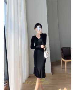 ニットワンピース | ニット ワンピース ロング Vネック ニットワンピ 長袖 ブラック 2022秋冬 ブルー マーメイド フリル セクシー 通勤 おしゃれ キレイめ ミモレ丈 上品