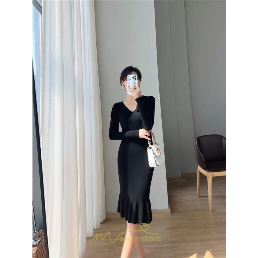 ニットワンピース | ニット ワンピース ロング Vネック ニットワンピ 長袖 ブラック 2022秋冬 ブルー マーメイド フリル セクシー 通勤 おしゃれ キレイめ ミモレ丈 上品