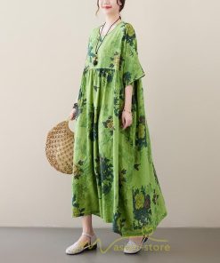 マキシ | ワンピース レディース 大きいサイズ 半袖 ロング丈 マキシ丈 クルーネック コットン 花柄 緑 夏 体型カバー 広がる裾 着痩せ 美シルエット ゆったり ポケット