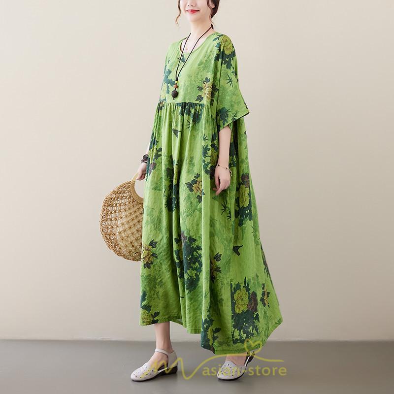 マキシ | ワンピース レディース 大きいサイズ 半袖 ロング丈 マキシ丈 クルーネック コットン 花柄 緑 夏 体型カバー 広がる裾 着痩せ 美シルエット ゆったり ポケット
