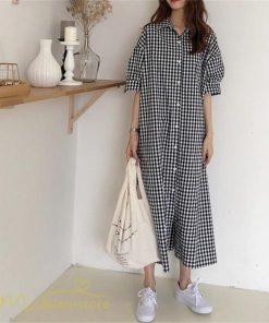 マキシ | ワンピース シャツワンピース チェック柄 可愛い マキシワンピース レディース 5分袖 春 夏 秋 20代 30代 着痩せ Aラインワンピース フリーサイズ 40代 50代
