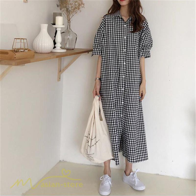マキシ | ワンピース シャツワンピース チェック柄 可愛い マキシワンピース レディース 5分袖 春 夏 秋 20代 30代 着痩せ Aラインワンピース フリーサイズ 40代 50代