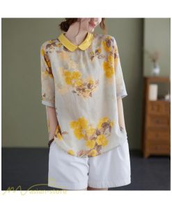 ｔシャツ・カットソー | Tシャツ Tシャツ プリント カジュアル 麻綿 リネン シャツ トップス サマーシャツ 襟付き カジュアル 大きいサイズ 夏コーデ 5分袖 麻綿 トレンド レディース