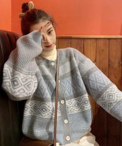 ニット・セーター | 幾何学柄カーディガン配色切替え韓国風