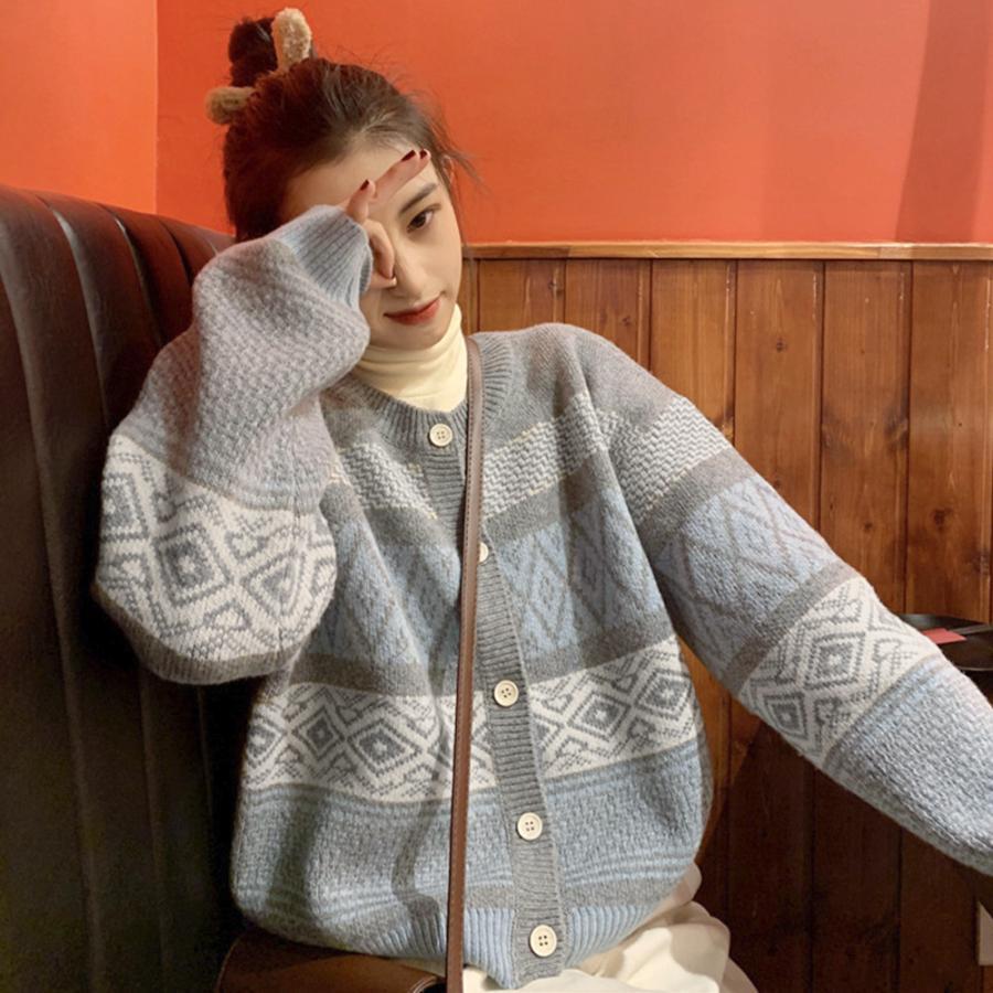 ニット・セーター | 幾何学柄カーディガン配色切替え韓国風