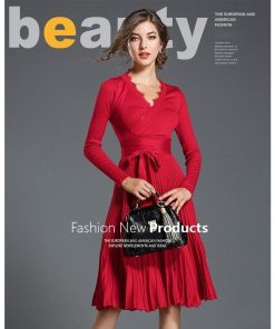 ミディアム | ワンピース レディース ひざ丈ワンピ フレアワンピース Ｖネック 長袖 体型カバー ワンピース 通勤 二次会 カジュアル パーティー 上品 リボン付き