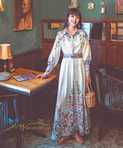 マキシ | マキシワンピース ワンピース レディース 長袖 体型カバー レトロ風 プリント ドレス マキシ丈ワンピース 通勤 綺麗 夏 ロング マキシ丈 オシャレ ラペル 無地