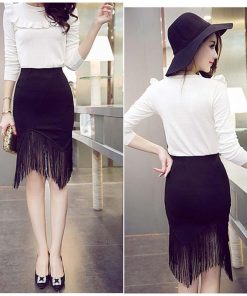 ひざ丈スカート | タイトスカート ミニ 裾 タッセル付きスカート アシンメトリー フリンジ セクシー