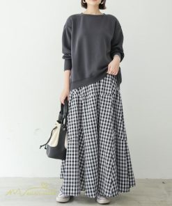スカート | ロング夏新作 フレア切り替え チェック柄 20代30代 大人 40代50代 可愛い 60代 ゆったり 広い裾 ウエストゴム 6色 春 ダンス舞台 綿 春夏 秋
