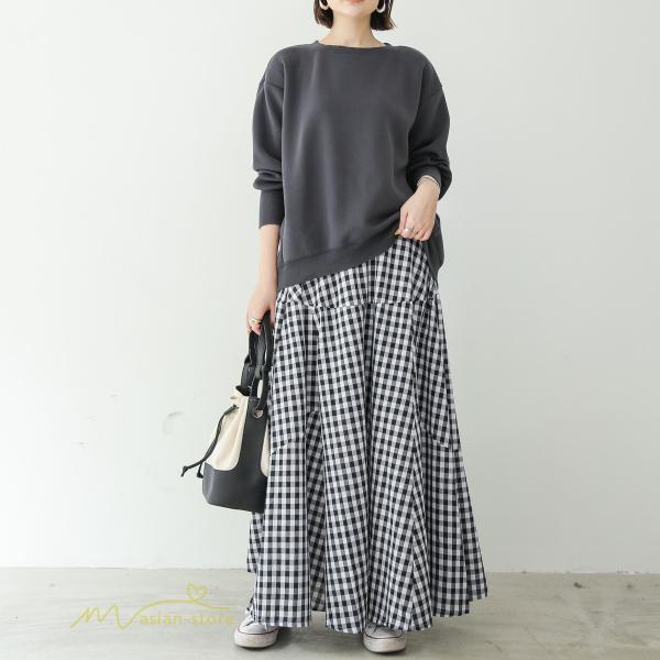 スカート | ロング夏新作 フレア切り替え チェック柄 20代30代 大人 40代50代 可愛い 60代 ゆったり 広い裾 ウエストゴム 6色 春 ダンス舞台 綿 春夏 秋