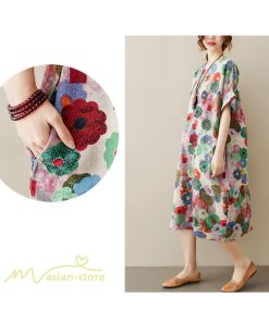 ミディアム | ミディアムワンピース レディース 膝丈 ゆるワンピース 花柄 きれいめ フリーサイズ ゆったり 半袖 麻 綿 リネン 女性着 きれいめ コットン クルーネック 着回し