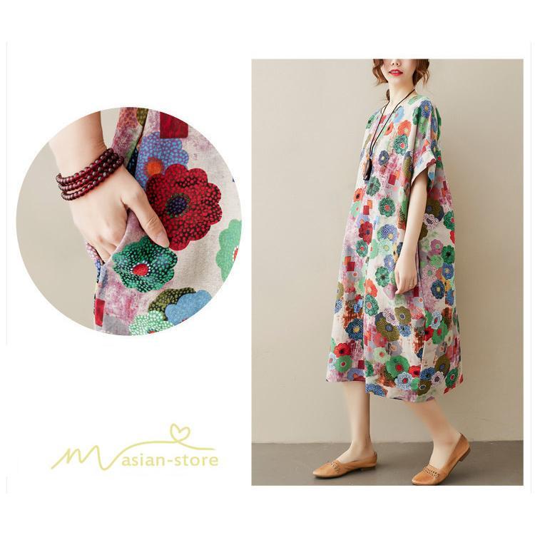 ミディアム | ミディアムワンピース レディース 膝丈 ゆるワンピース 花柄 きれいめ フリーサイズ ゆったり 半袖 麻 綿 リネン 女性着 きれいめ コットン クルーネック 着回し