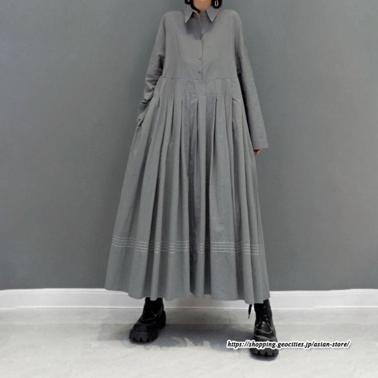シャツワンピース | プリーツワンピース 秋ワンピース フレアワンピース 切り替え プリーツスカート 長袖 ロングワンピース レディース 広い裾 秋コーデ