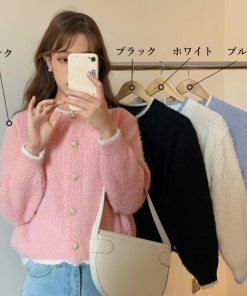 ニット・セーター | アウター Uネック パールボタン付き レディース 無地 ニットカーディガン 長袖 ショートニット ニットトップス