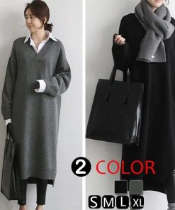 ニットワンピース | 短納期マキシ丈 レディース トップス リブニット ニットワンピ Vネック シャツワンピース 長袖 上品 きれいめ ロング丈 お洒落 通勤