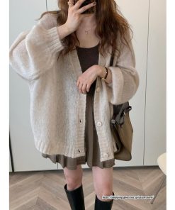 カーディガン | ニットミドル丈 レディース 羽織り ライトアウター 長袖 ニット セーター フロントボタン ボリューム 大きめ ゆったり パフスリーブ