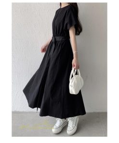マキシ | 夏ワンピース ロングワンピース フレア 無地 半袖 ベルト付き Aラインワンピース レディース ワンピ 可愛い 体型カバー 大きいサイズ ゆったり カジュアル