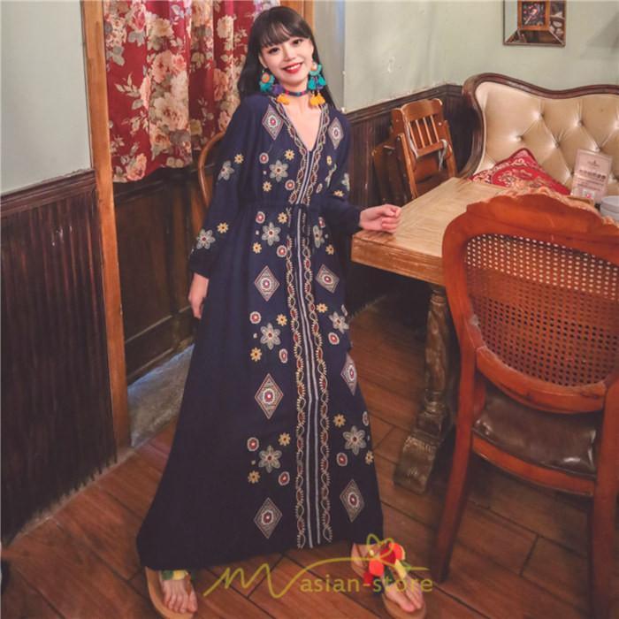 マキシ | ワンピース 長袖 レディース ロング丈 マキシ丈 綿麻 コットン リネン Aライン ゆったり 体型カバー 大人 可愛い 海外旅行 秋 夏 エスニック ナチュラル 春